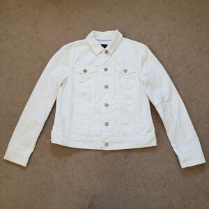 Talbots Petite Women’s Classic White Denim Jean Jacket Embroidery Detail Size M